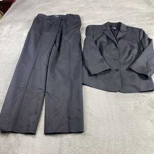 Ann Taylor Pant Suit Women 6P Grey Blue Pinstripe Blazer Trousers Set 92924